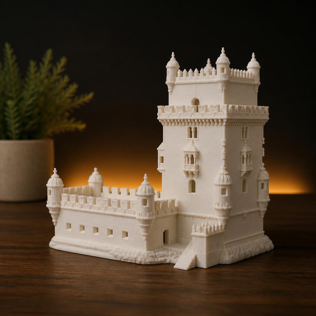 Miniatura 3D da Torre de Belém em filamento branco osso