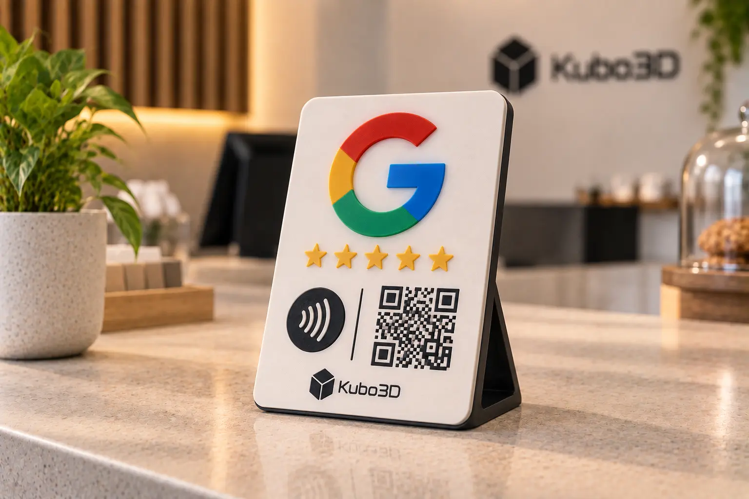 Display minimalista Google Reviews com QR code e NFC