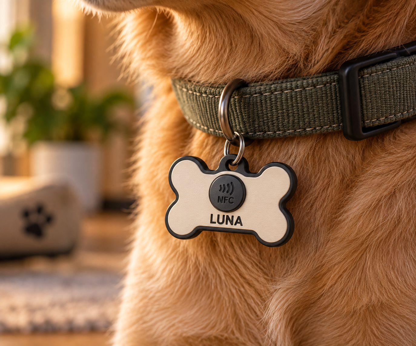 Medalha NFC em forma de osso com o nome Luna presa à coleira de um cão