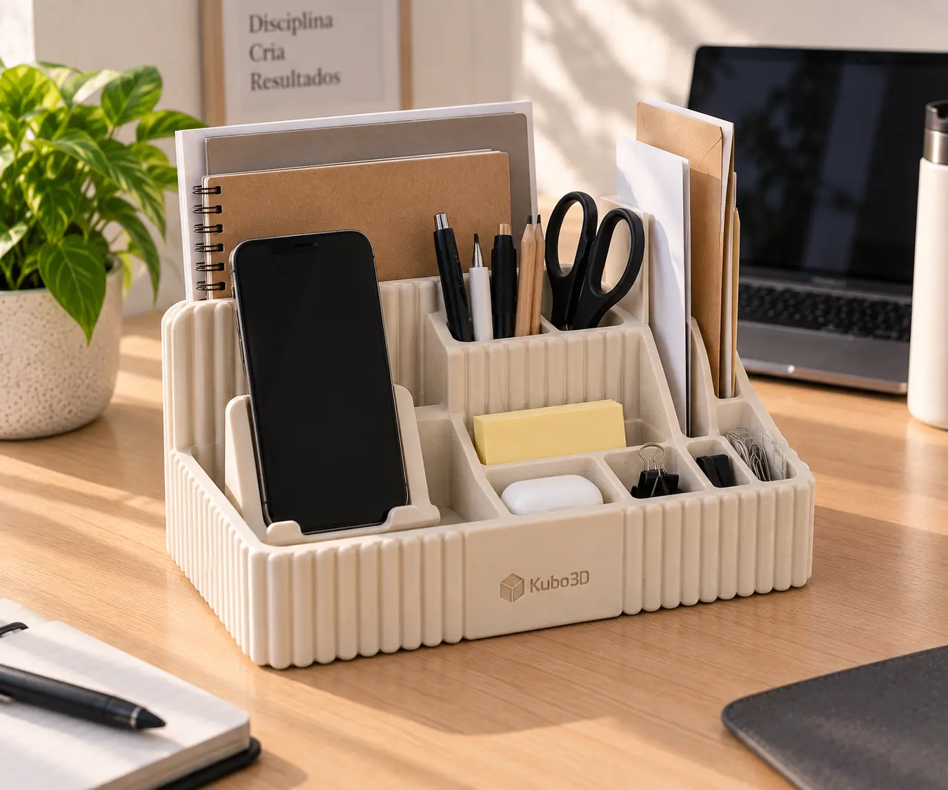 Organizador completo de secretária com suporte de telemóvel, material de escrita e documentos